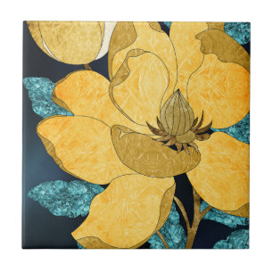 Carreau Fleuron doré avec Feuilles Turquoises Floral Abstr