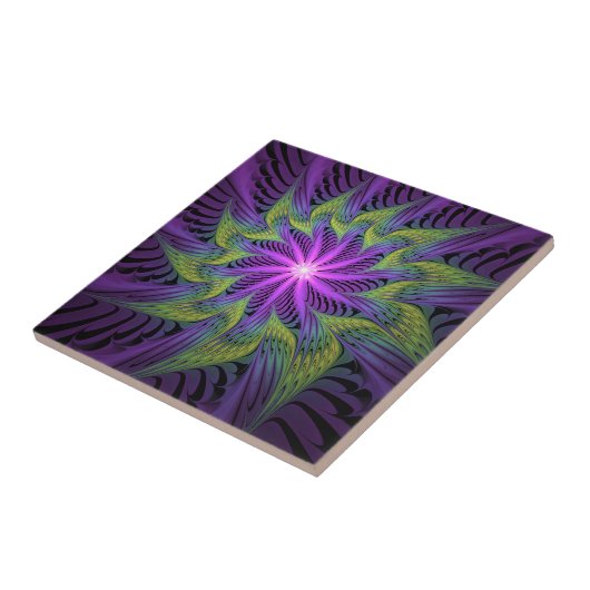 Carreau Fleuron vert violet Art Abstrait fractal moderne (Côté)