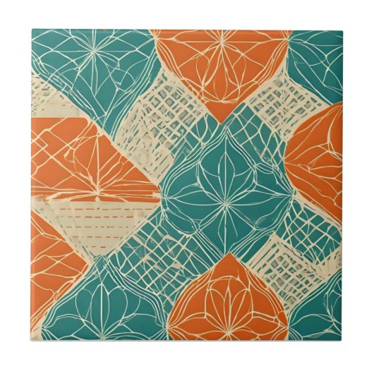 Carreau Fleurs abstraites sarcelle, orange et chamois (Devant)
