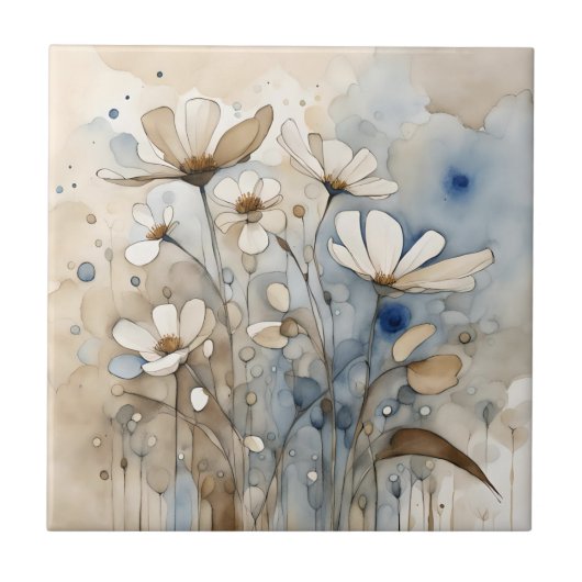 Carreau Fleurs Aquarelle Gris Beige Abstrait (Devant)