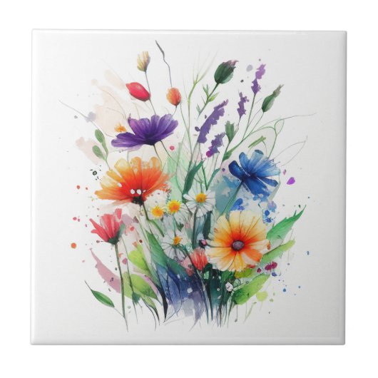 Carreau Fleurs aquarelle orange violet rouge bleu (Devant)