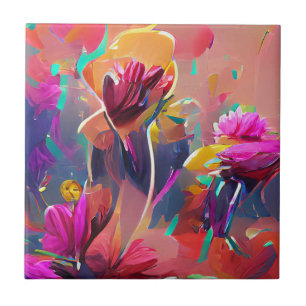 Carreau Fleurs art numérique rose fushia jaune