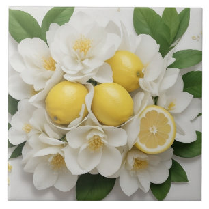 Carreau Fleurs blanches, citrons et Feuilles verts sur bla