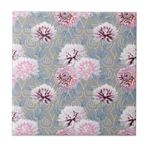 Carreau Fleurs blanches et roses sur fond gris.