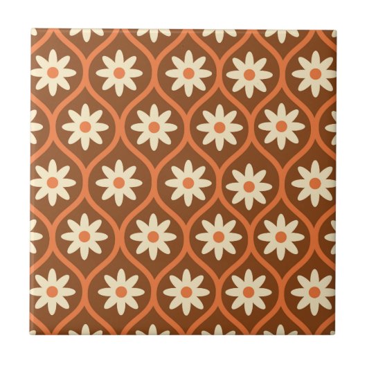 Carreau Fleurs blanches rétro sur ogee vintage marron (Devant)