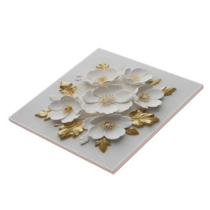 Carreau fleurs blanches sculptées et feuilles dorées en 3d
