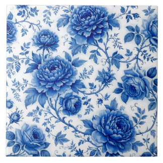 Carreau Fleurs bleues délavées Roses Pivoines Bleu de coba
