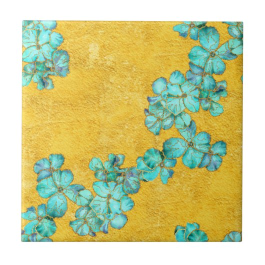 Carreau Fleurs bleues sur arrière - plan jaune (Devant)