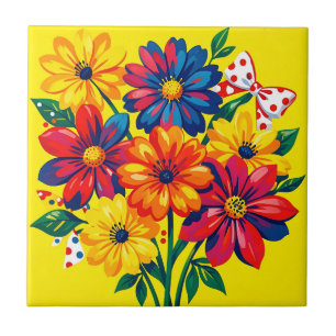 Carreau Fleurs Colorées Audacieuses Bouquet Pop Art Points