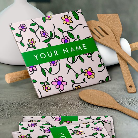 Carreau Fleurs Colorées, Fond Rose, Vert