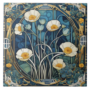 Carreau Fleurs d'anémones Art Déco Art Nouveau Bleu Floral