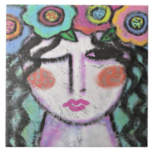 Carreau Fleurs dans ses cheveux Portrait Abstrait d'une fe