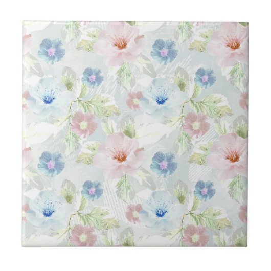 Carreau Fleurs d'aquarelle rose et bleu. (Devant)