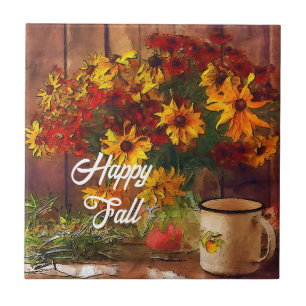 Carreau Fleurs d'automne et tasse avec texte personnalisab