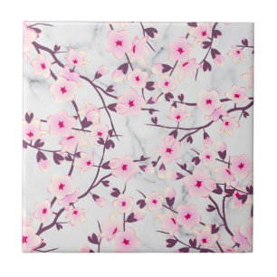 Carreau Fleurs de cerisier Floral Rose Marbre Gris Clair