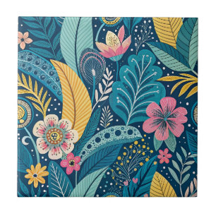 Carreau Fleurs de jungle sarcelle tropicale et motif flora
