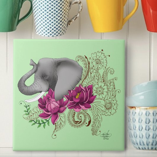 Carreau Fleurs de lotus henné éléphant