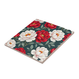 Carreau Fleurs de pivoine rouges et blanches