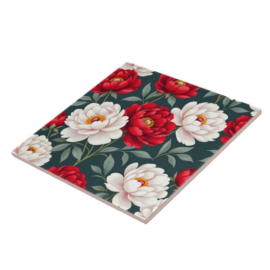 Carreau Fleurs de pivoine rouges et blanches  (Côté)