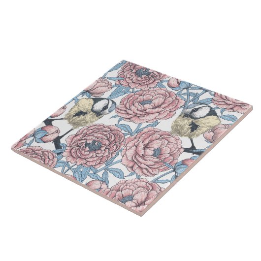 Carreau Fleurs de pivoines et oiseaux (Côté)