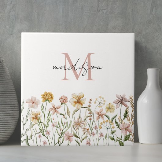 Carreau Fleurs de prairie sauvage aquarelle monogrammée