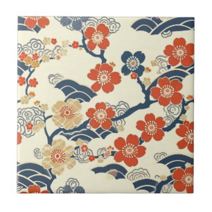 Carreau Fleurs de prunier japonais Ume Bleu marine Crème