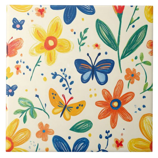 Carreau Fleurs de rayonne et papillon (Devant)