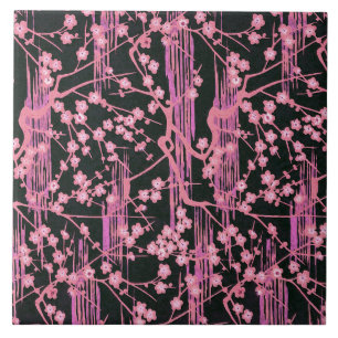 Carreau FLEURS DE SAKURA NOIR ROSE Modèle Floral japonais