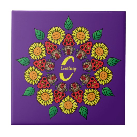 Carreau Fleurs de soleil et champignons Mandala Purple per (Devant)