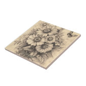 Carreau Fleurs de soleil et papillon - Papier vieilli rust (Côté)