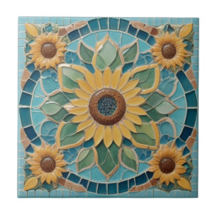 Carreau Fleurs de soleil Jaunes Faux Mosaic Aqua Bleu
