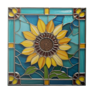 Carreau Fleurs de soleil jaunes Faux Verre tendu Aqua Bleu