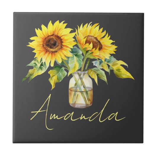 Carreau Fleurs de soleil Jaunes Lumineuses Sur Nom Minimal (Devant)
