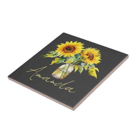 Carreau Fleurs de soleil Jaunes Lumineuses Sur Nom Minimal (Côté)