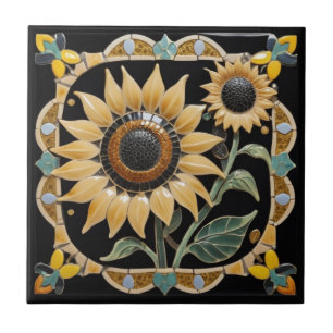 Carreau Fleurs de soleil jaunes modernes en noir