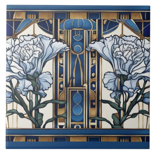 Carreau Fleurs d'oeillets Art déco Art Nouveau Bleu Floral (Devant)