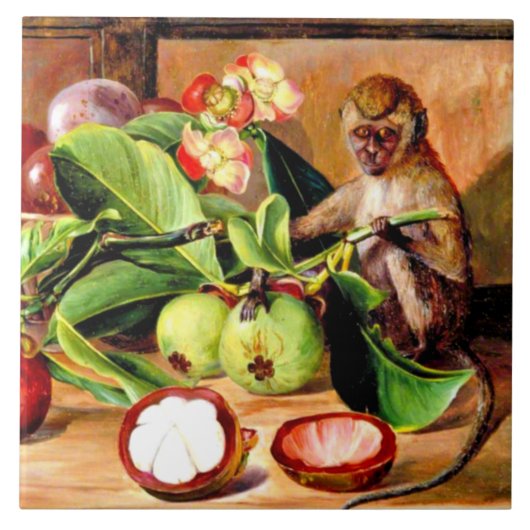 Carreau Fleurs et fruits de Mangosteen; Singe de Singapour (Devant)