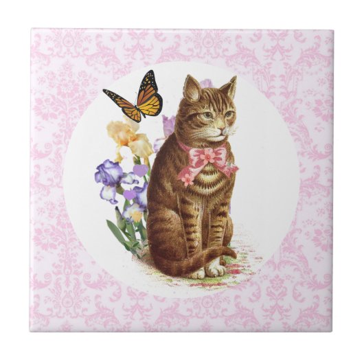 Carreau Fleurs et papillon de chat vintage Iris (Devant)