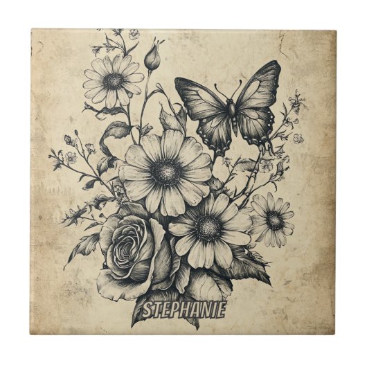 Carreau Fleurs et papillons rustiques - Papier vieilli (6) (Devant)