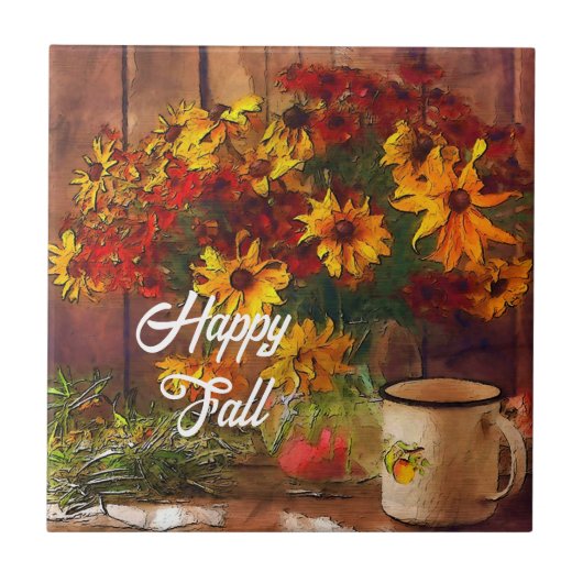 Carreau Fleurs et tasse d'automne avec texte personnalisab (Devant)