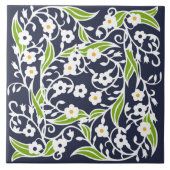Carreau Fleurs, feuilles, vignes, bleu marine, blanc, vert (Devant)