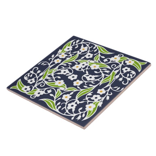 Carreau Fleurs, feuilles, vignes, bleu marine, blanc, vert (Côté)