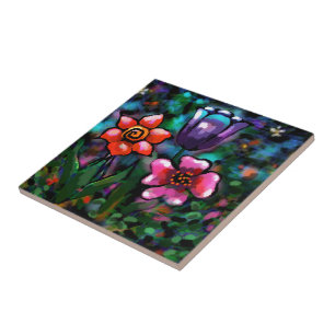 Carreau Fleurs florales blanches bleu rose
