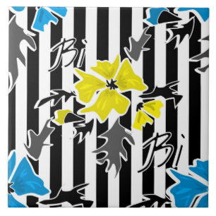 Carreau Fleurs florales bleues jaunes gris feuille st