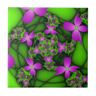 Carreau Fleurs fractales Abstraites de néon rose vert