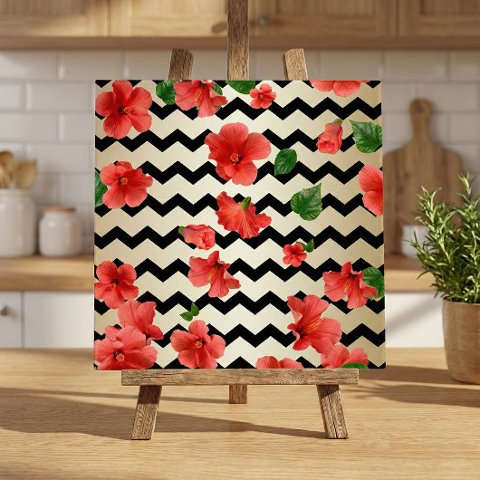 Carreau Fleurs Hibiscus Rouges Sur Chevron Noir Et Beige