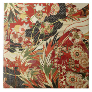 Carreau FLEURS JAPONAISES ANCIENNES Rouge Vert Noir Floral