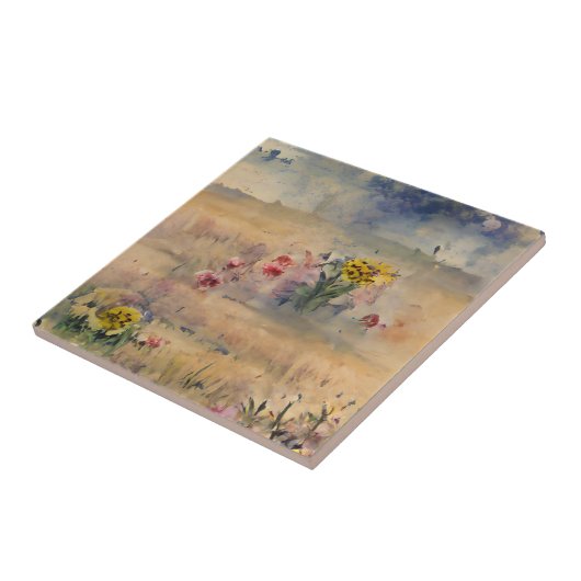 Carreau Fleurs jaunes dans un champ fumée bleu ciel art (Côté)