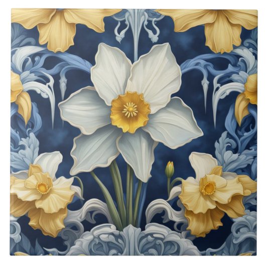 Carreau Fleurs jonquilles Art Déco Art Nouveau Bleu (Devant)