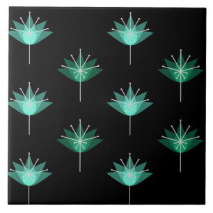 Carreau Fleurs modernes du milieu du siècle Noir Turquoise
